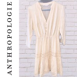 All In Favor Boho Beige Cream Ivory Crochet Lace Trim Button Front Mini Dress